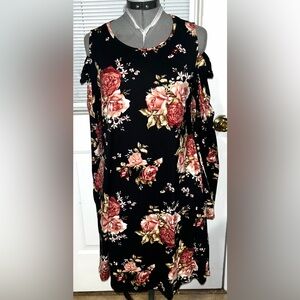 Sweet Pea Black Cold-Shoulder Midi Dress with Pink Rose Print